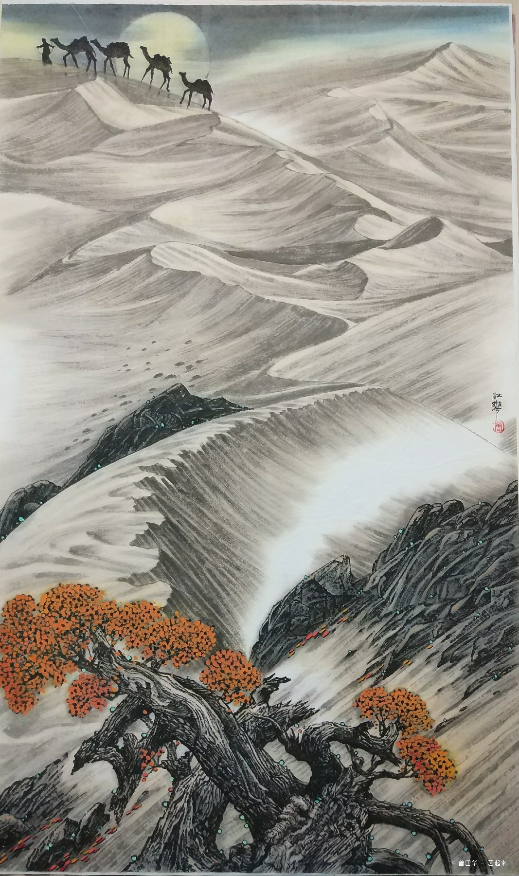 彩墨中国画《大漠晓月》